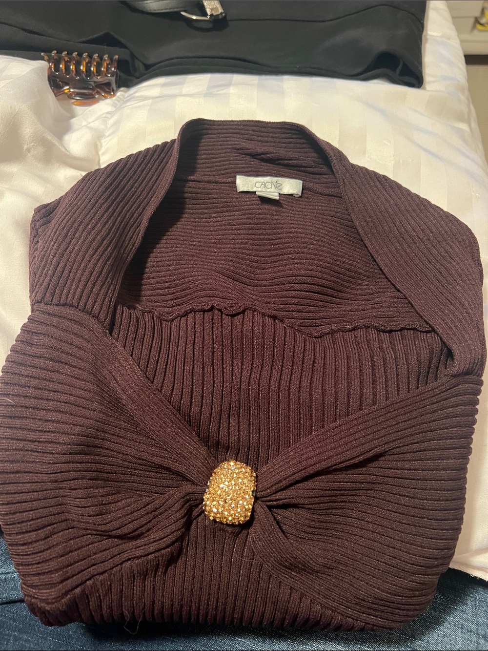 Cache Shoulder Ribbed Sweater with Jewel Accent in Deep Plum,missing rhinestone